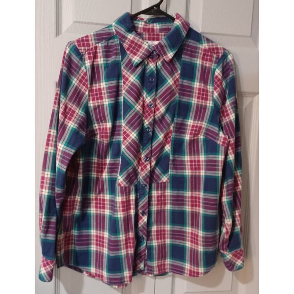 Womens Denim & Co Small Plaid Multi color Shirt Blouse Long Sleeve Button up